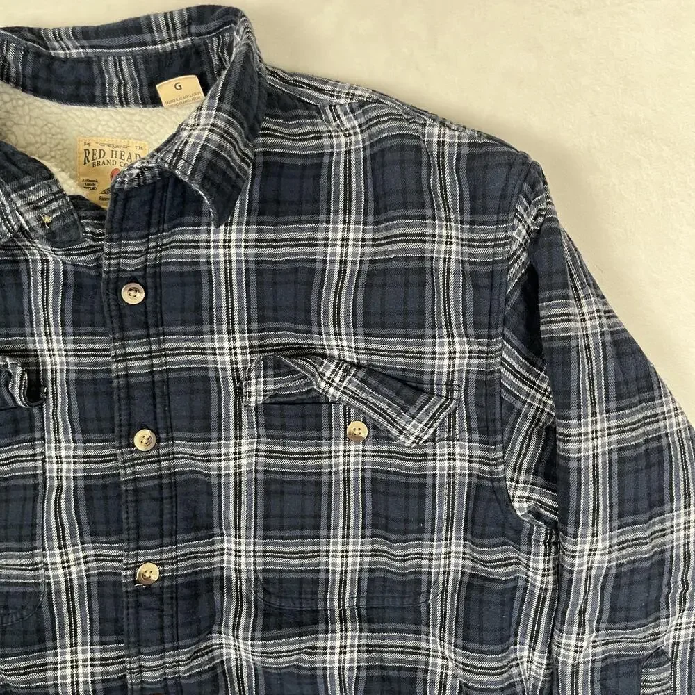 Red Head Jacket Mens Large Blue Plaid Sherpa Lined Flannel Shacket Workwear